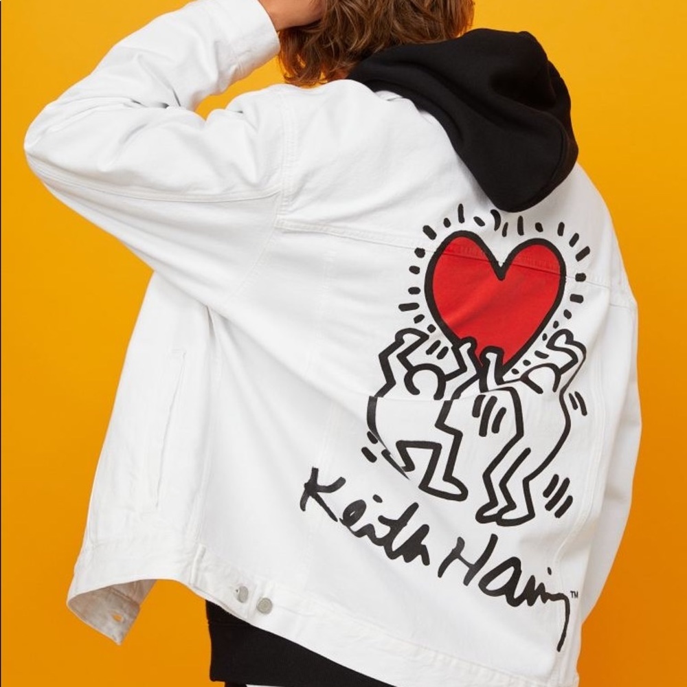 🆕 HM H&M X Keith Haring oversized denim white jean jacket sz Small. SOLD OUT